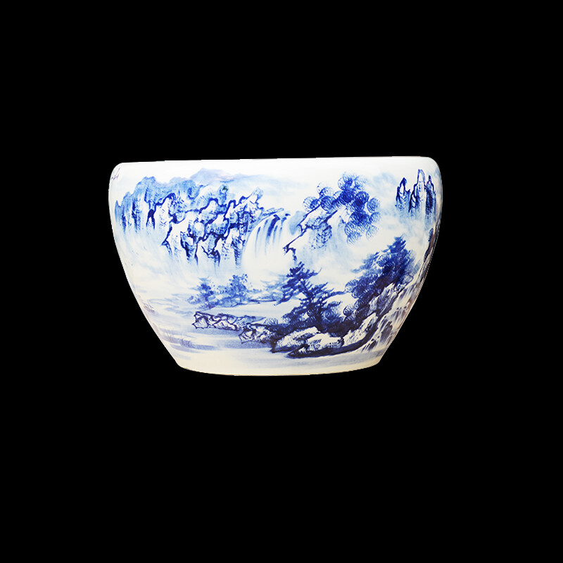 景德鎮(zhèn)陶瓷手繪青花魚缸 江山如畫，風(fēng)水雅趣